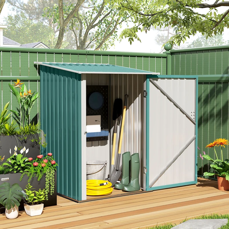 Outsunny 3.3' x 3.4' Lean-to Garden Storage Shed, Outdoor Galvanized Steel Tool House with Lockable Door for Patio Green
