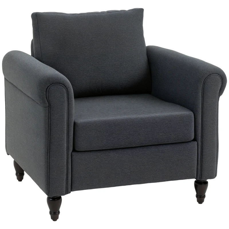 HOMCOM Vintage Armchair, Upholstered Accent Chair with Rolled Arms, Gourd-Shaped Rubber Wood Legs, Dark Grey
