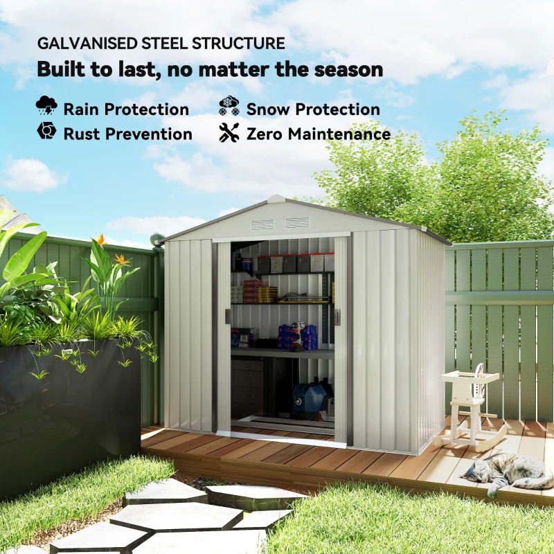 Outsunny 7' x 4' Outdoor Storage Shed, Garden Tool House with Foundation Kit, 4 Vents and 2 Easy Sliding Doors for Backyard, Patio, Garage, Lawn, White