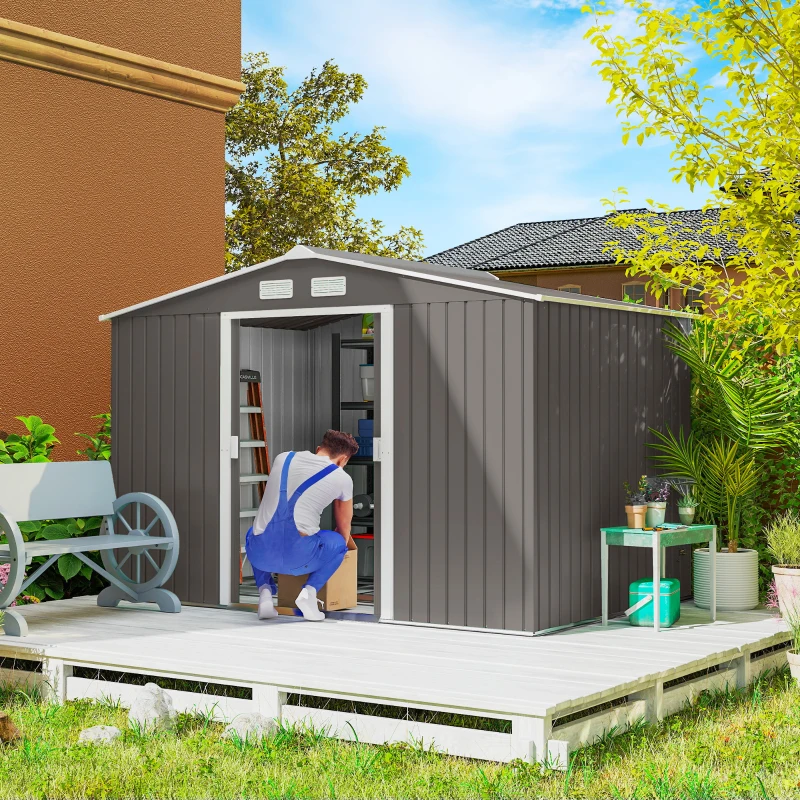 Outsunny 9x6 Galvanized Steel Ventilated Garden Storage Shed with Double Doors, Foundation Kit, Grey