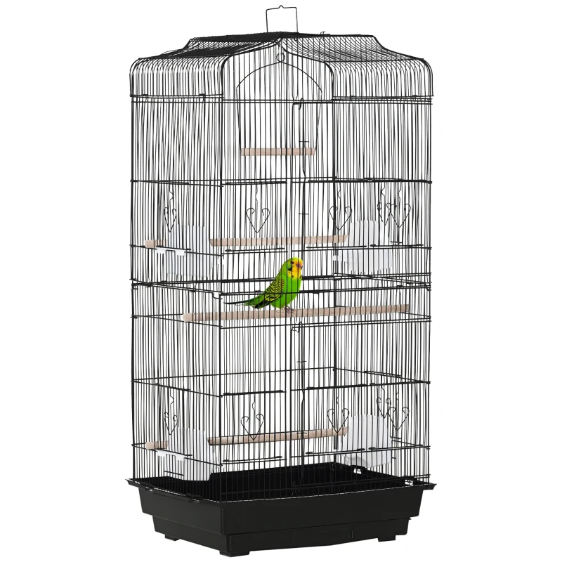 PawHut 36" Bird Cage, Macaw Play House, Cockatoo, Parrot, Finch Flight Cage, 2 Doors Perch, 4 Feeder Pet Supplies, Black