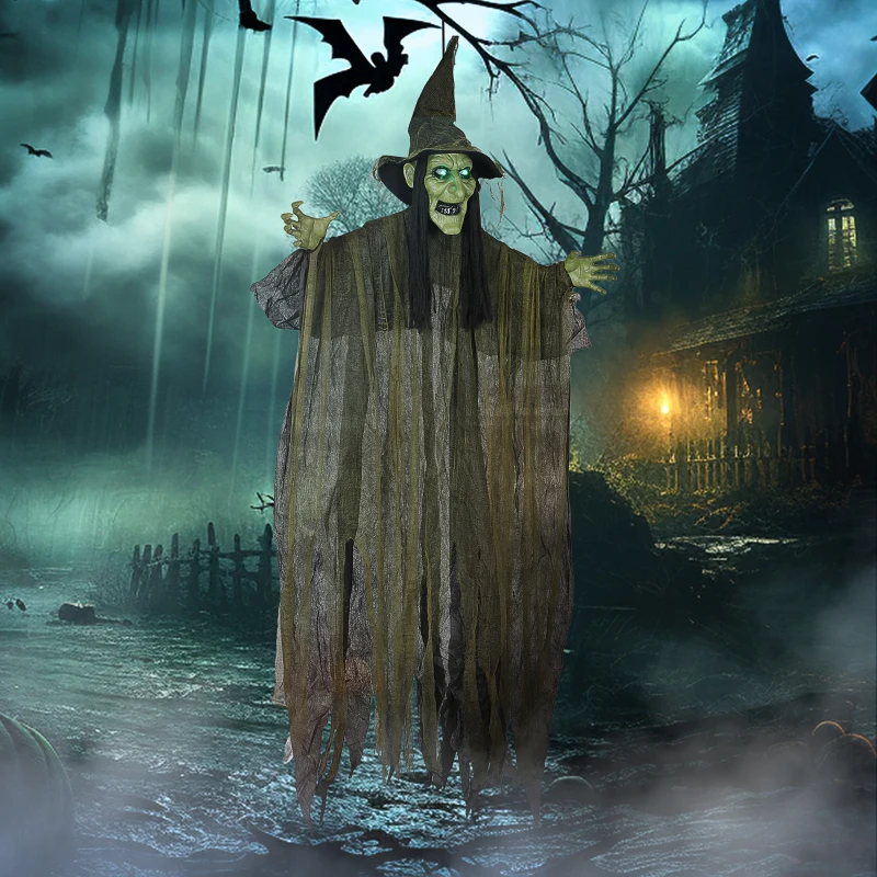 Outsunny Animatronics Hanging Witch, Voice-Activated Prop, Flashing Eyes & Wicked Laughter, Scary Halloween Decoration, Green