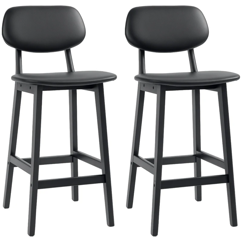 HOMCOM Bar Stools Set of 2, PU Leather Counter Height Barstools, Bar Chairs with Footrest and Solid Wood Legs, Black