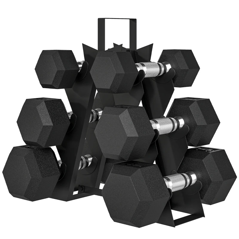 Soozier 60 LBS Hex Dumbbell Set with Rack, Rubber Coated Weights with Non-Slip Handles for Home Gym Strength Training