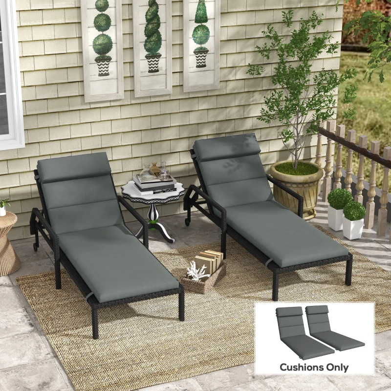 Outsunny Patio Chaise Lounge Chair Cushions Replacement Sun Lounger Pads with Headrest and Ties, Set of 2, Grey