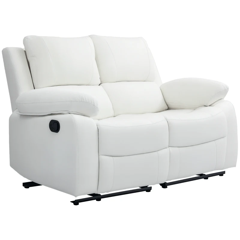 HOMCOM PU Leather Manual Recliner Sofa, Double Reclining Loveseat with Pullback Control Footrest for Living Room, White