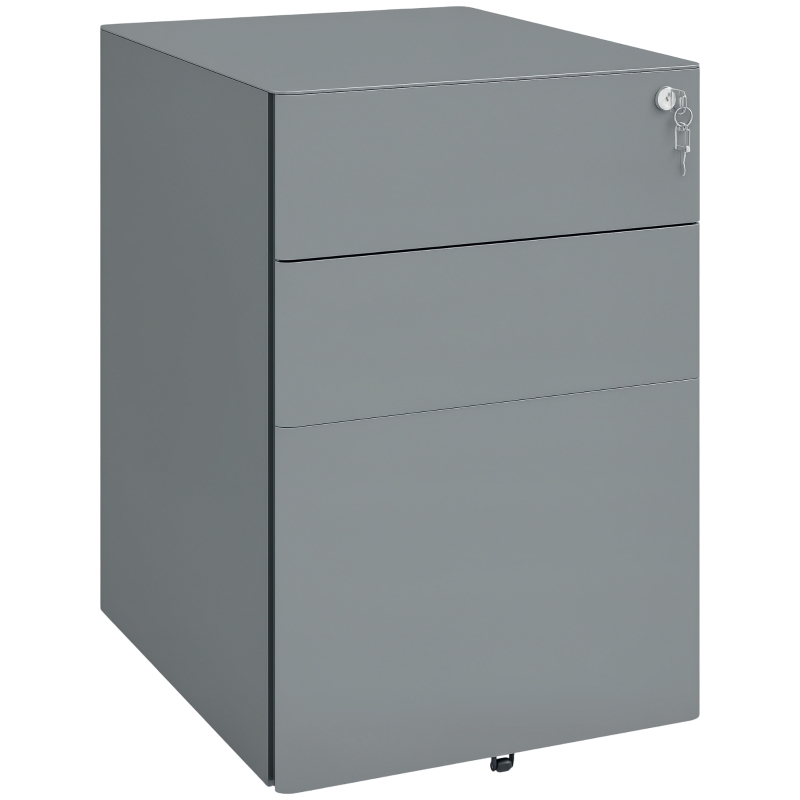 Vinsetto 3 Drawer Filing Cabinet, Steel Home Office Storage Cabinet with Wheels, Lock for A4, Letters, Legal-sized Files, Grey