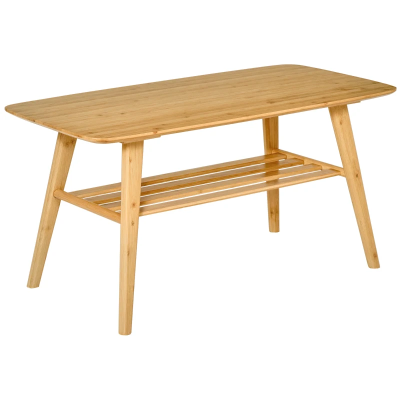 HOMCOM 2 Tier Coffee Table Bamboo Tea Table with Storage Shelf Sleek Rectangle Desk Wood Grain Living Room Home Furniture 39.25" x 19.75" x 19.75"