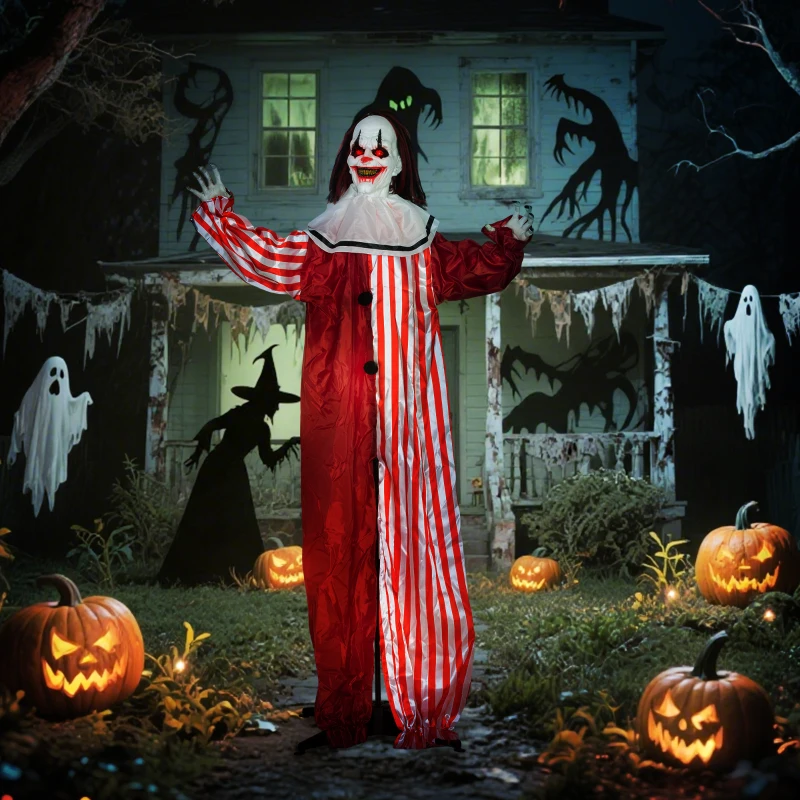 Outsunny Life Size Halloween Animated Clown with Red Light Up Eyes, Sound Activated Scary Halloween Decorations, Battery Operated