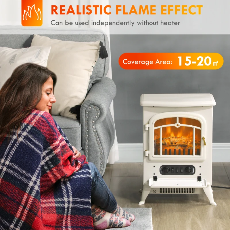 HOMCOM 16" Freestanding Electric Fireplace Heater Fire Stove with Wood Burning Flame 750/1500W Beige