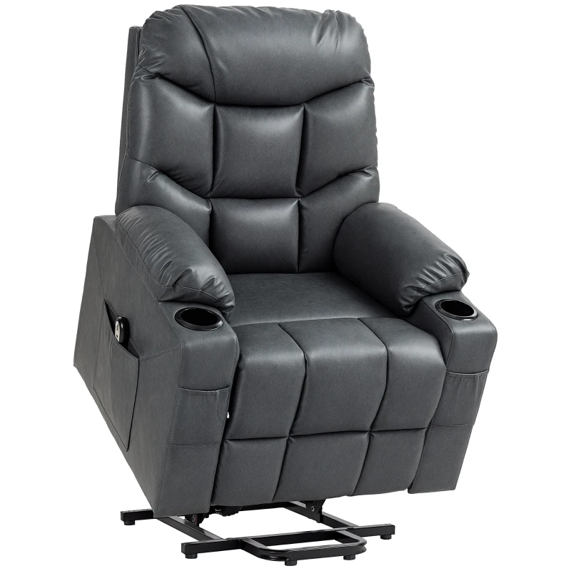HOMCOM Lift Chair for Elderly, PU Leather Electric Recliner Chair with Quick Assembly, Remote, Cup Holders, Side Pockets, Grey