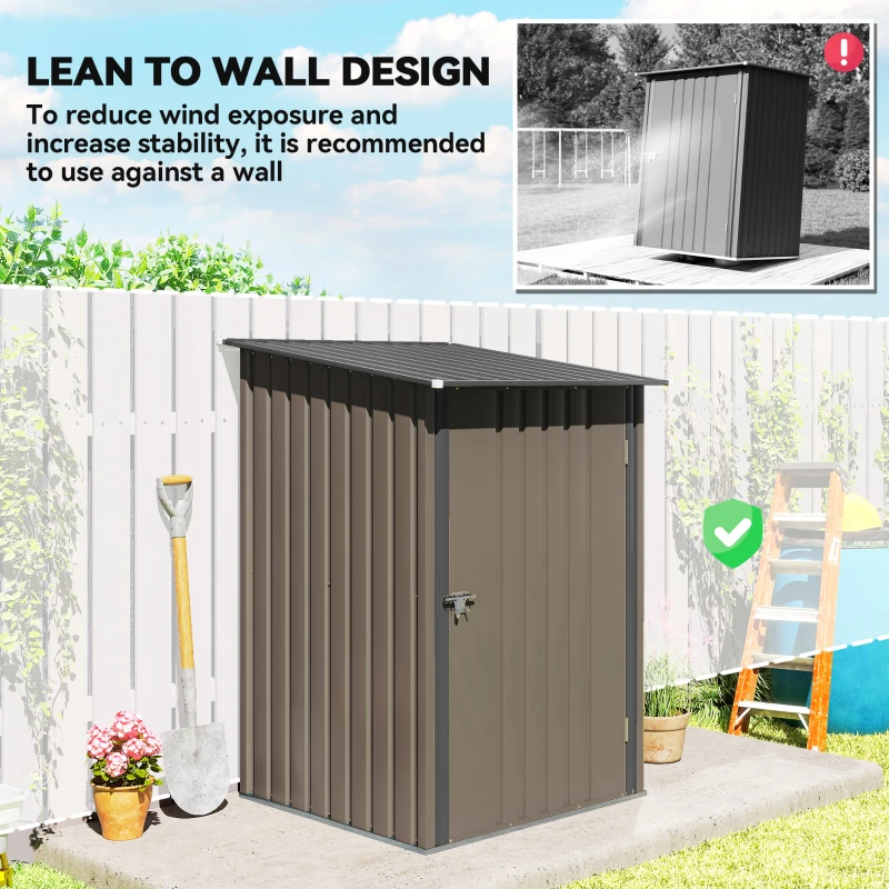 Outsunny Outdoor 3.3' x 3.4' Lean-to Garden Storage Shed, Galvanized Steel Tool House with Lockable Door for Patio, Brown