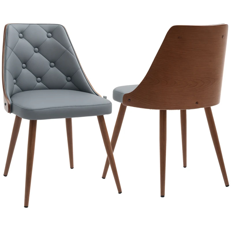 HOMCOM Dining Chairs Set of 2, Tufted Kitchen Chairs, PU Leather Upholstered Seats and Steel Legs for Dining Room, Grey