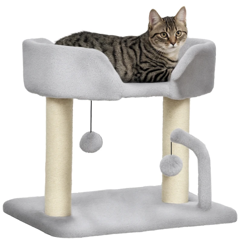 PawHut Cat Tower Condo for Indoor Cats, Small Cat Tree with Sisal Scratching Posts, Top Perch, Dangling Balls, Light Grey