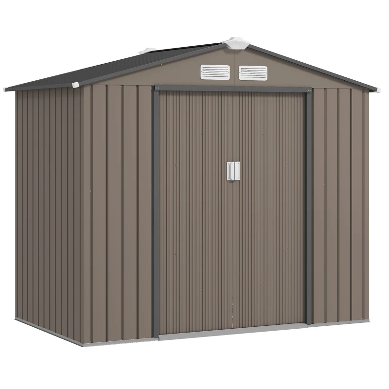 Outsunny 7' x 4' Outdoor Storage Shed, Garden Tool House w/ Foundation Kit Vents & Sliding Doors for Backyard Patio, Brown