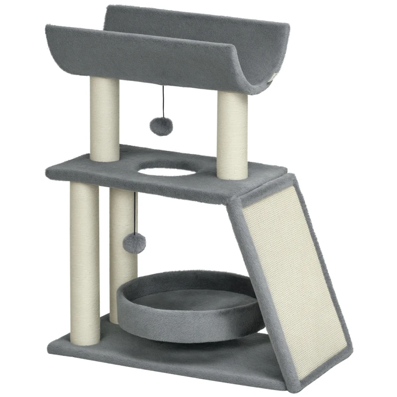 PawHut Small Cat Tree with Perch, Scratching Posts, Pad, Bed, Toy Balls, Light Grey