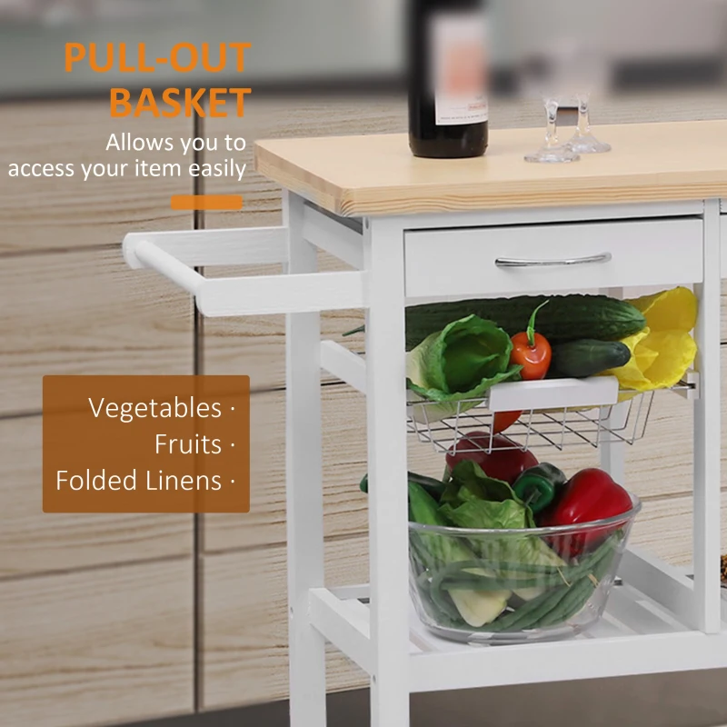 HOMCOM Wooden Rolling Kitchen Trolley Wood Top Island Storage Serving Cart Included Wine Rack with Drawers White