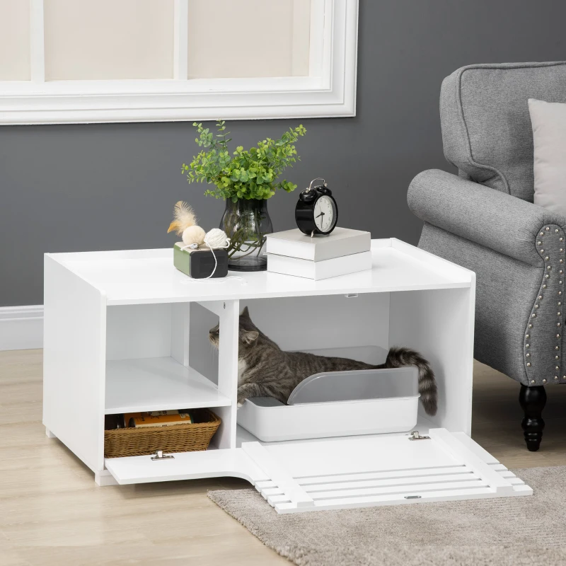 PawHut Hidden Cat Litter Box Furniture, Cat Litter Box Enclosure with Storage Compartments and Side Table Function, White