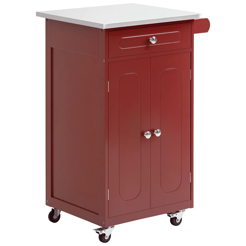 HOMCOM Kitchen Cart, Small Kitchen Island, Stainless Steel Top Utility Trolley on Wheels with Storage Drawer for Dining Room, Kitchen, Red