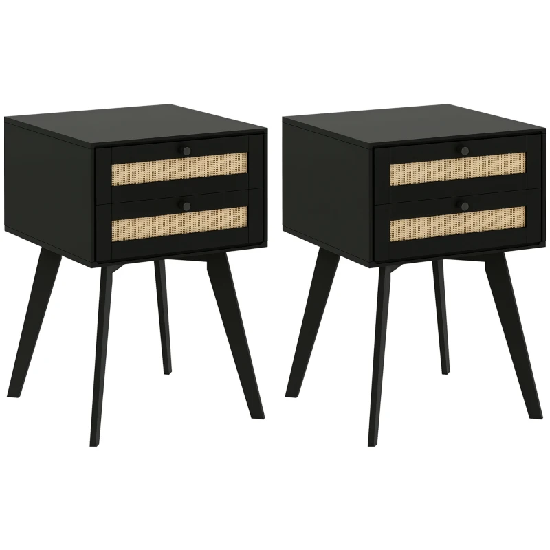 HOMCOM Boho Night Stands Set of 2, Bedside Tables with 2 Rattan Drawers, Square End Tables for Bedroom, Living Room