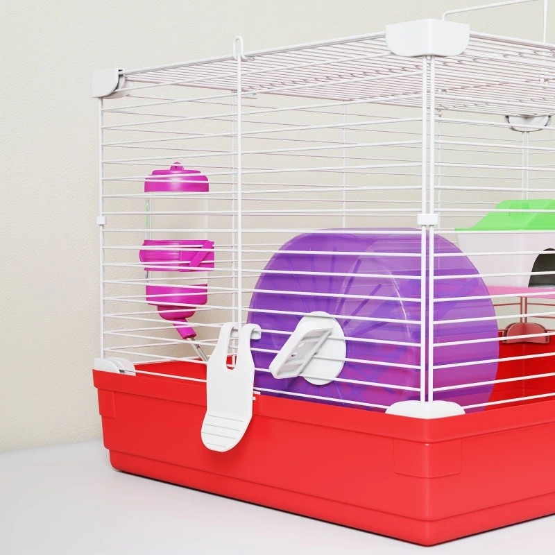 PawHut 18.5'' Hamster Cage with Exercise Wheel and Water Bottle Dishes, Rat House and Habitats 2 Storey Design, Red