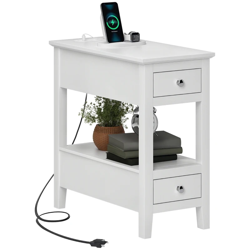 HOMCOM Narrow Side Table with Charging Station, USB Ports, Modern End Table with Storage Shelf, Drawers for Living Room, White