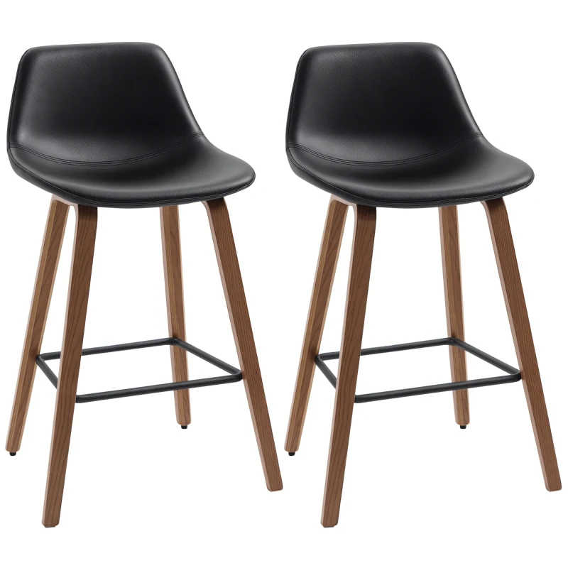 HOMCOM Counter Height Bar stools Set of 2 Mid-Back PU Leather Bar Chairs with Wood Legs, Black