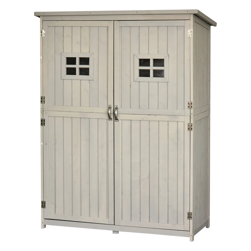 Outsunny 4x1.5ft Wooden Garden Sheds, Outdoor Storage with Windows and Double Door for Gardeners, Grey