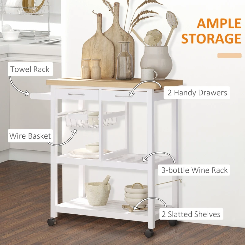 HOMCOM Wooden Rolling Kitchen Trolley Wood Top Island Storage Serving Cart Included Wine Rack with Drawers White
