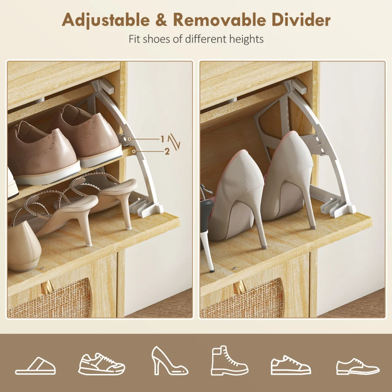 HOMCOM 4 Flip-Drawer Shoe Cabinet, Shoe Storage Cabinet with Rattan Doors and Adjustable Shelves, Holds 16 Pairs, Natural