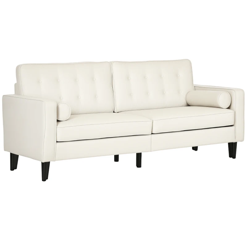 HOMCOM Mid-Century Sofa, Couch with Button-Tufted Back Cushion, Velvet Feel Fabric Upholstery, 2 Cylindrical Pillows and Rubber Wood Legs for Living Room, Cream White