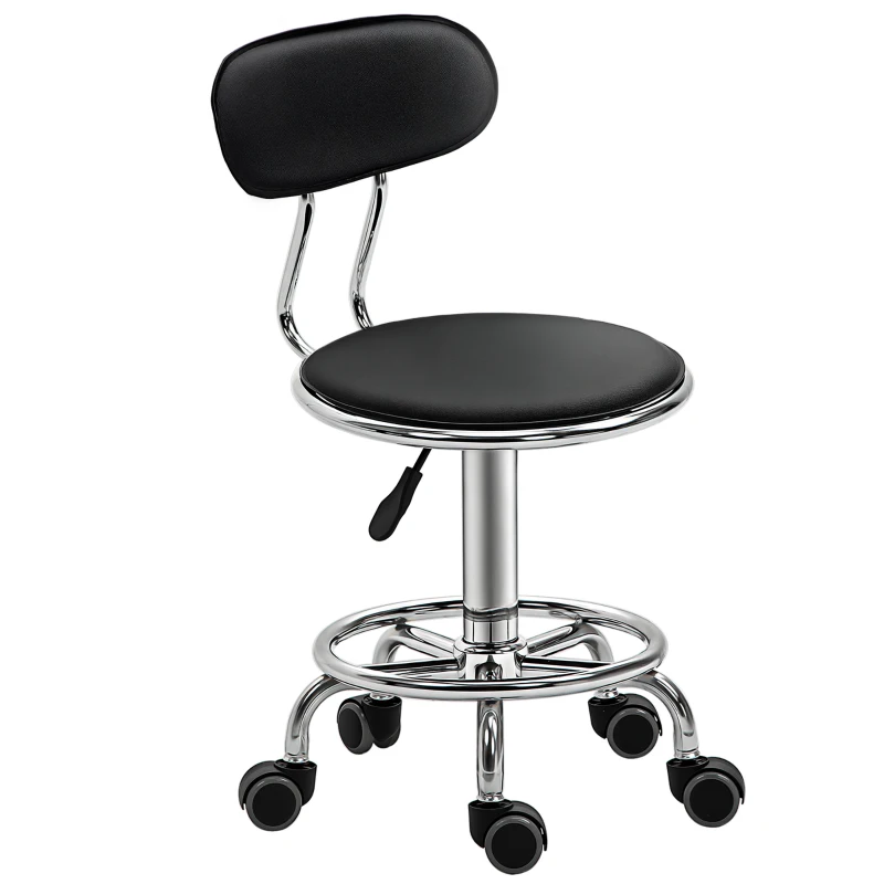 HOMCOM Faux Leather Salon Stool, Height Adjustable Rolling Stool with Footrest Ring, Back and Wheels for Beauty, Tattoo, Black