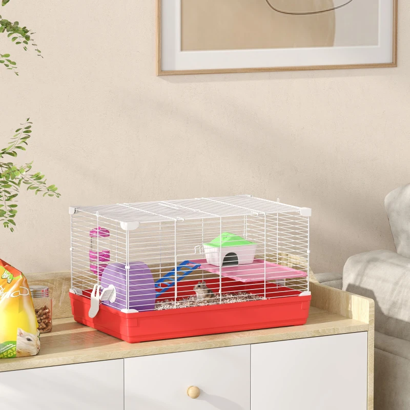 PawHut 18.5" Hamster Cage with Exercise Wheel and Water Bottle, Dish, Rat House and Habitat 2-Story Design, Red