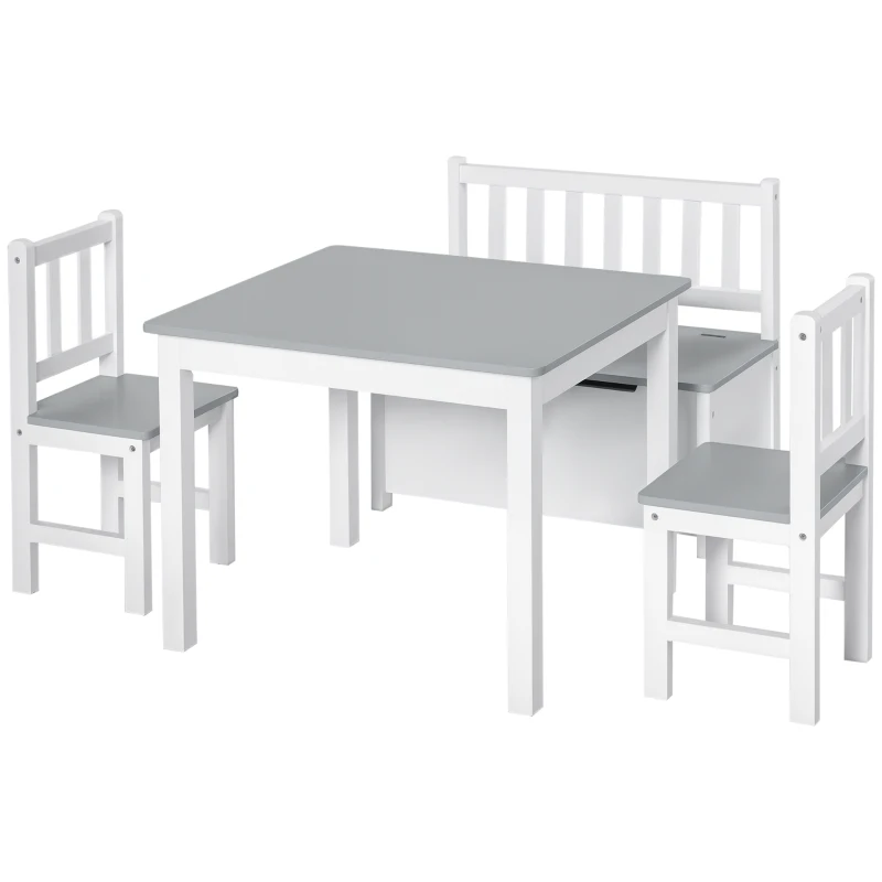 Qaba 4-Piece Set Kids Wood Table Chair Bench with Storage Function Gift for Toddlers