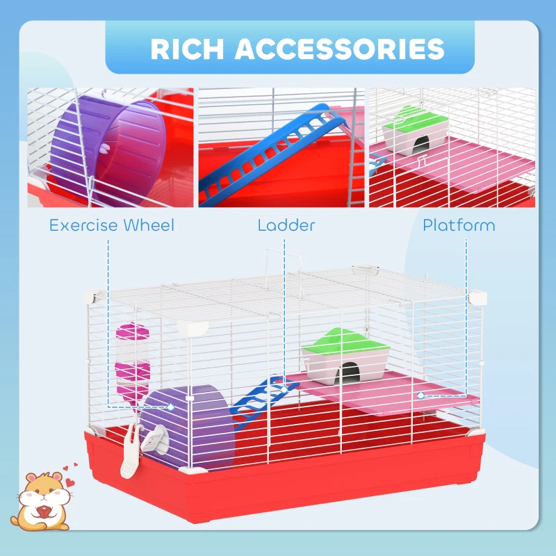 PawHut 18.5" Hamster Cage with Exercise Wheel and Water Bottle, Dish, Rat House and Habitat 2-Story Design, Red