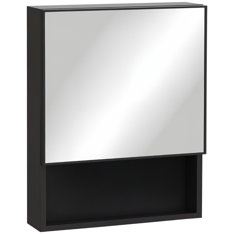 kleankin Bathroom Medicine Cabinet, Wall-Mounted Mirror Cabinet with Single Door, Storage Shelves and Stainless Steel Frame for Laundry Room, Black