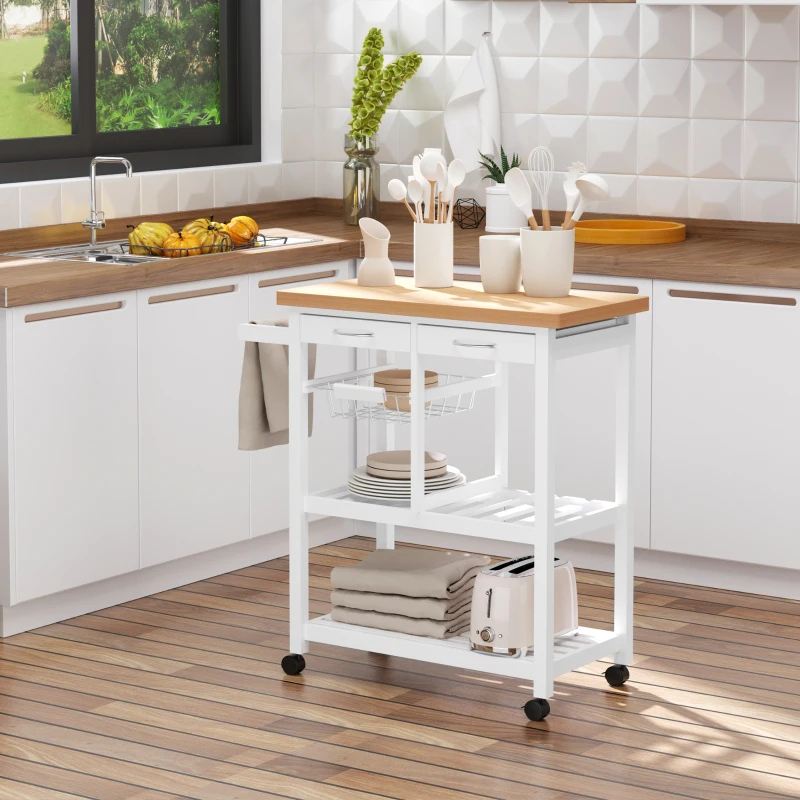 HOMCOM Wooden Rolling Kitchen Trolley Wood Top Island Storage Serving Cart Included Wine Rack with Drawers White