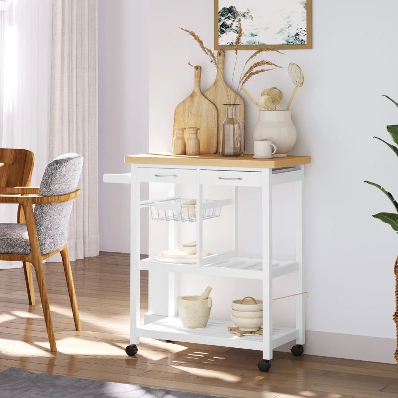 HOMCOM Wooden Rolling Kitchen Trolley Wood Top Island Storage Serving Cart Included Wine Rack with Drawers White
