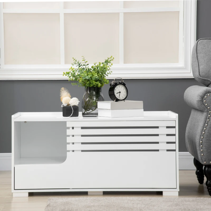 PawHut Hidden Cat Litter Box Furniture, Cat Litter Box Enclosure with Storage Compartments and Side Table Function, White