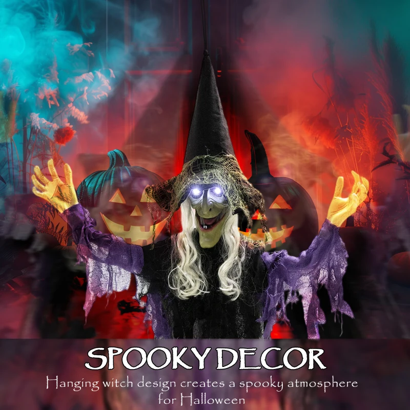 Outsunny Life Size Halloween Animated Hanging Witch with Glowing LED Eyes, Scary Halloween Decorations, Battery Operated