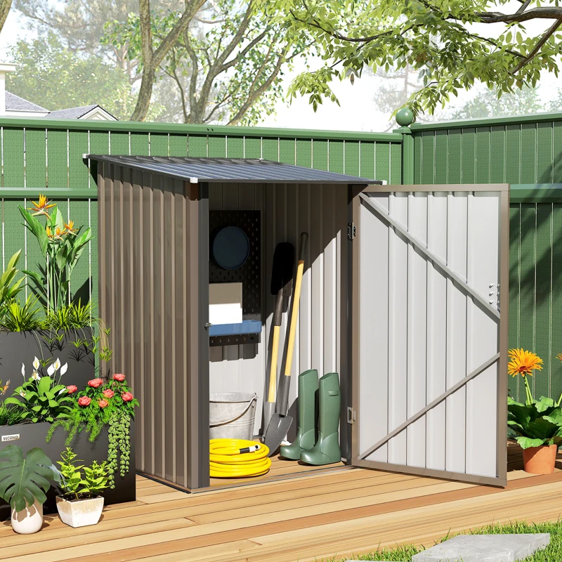 Outsunny Outdoor 3.3' x 3.4' Lean-to Garden Storage Shed, Galvanized Steel Tool House with Lockable Door for Patio, Brown