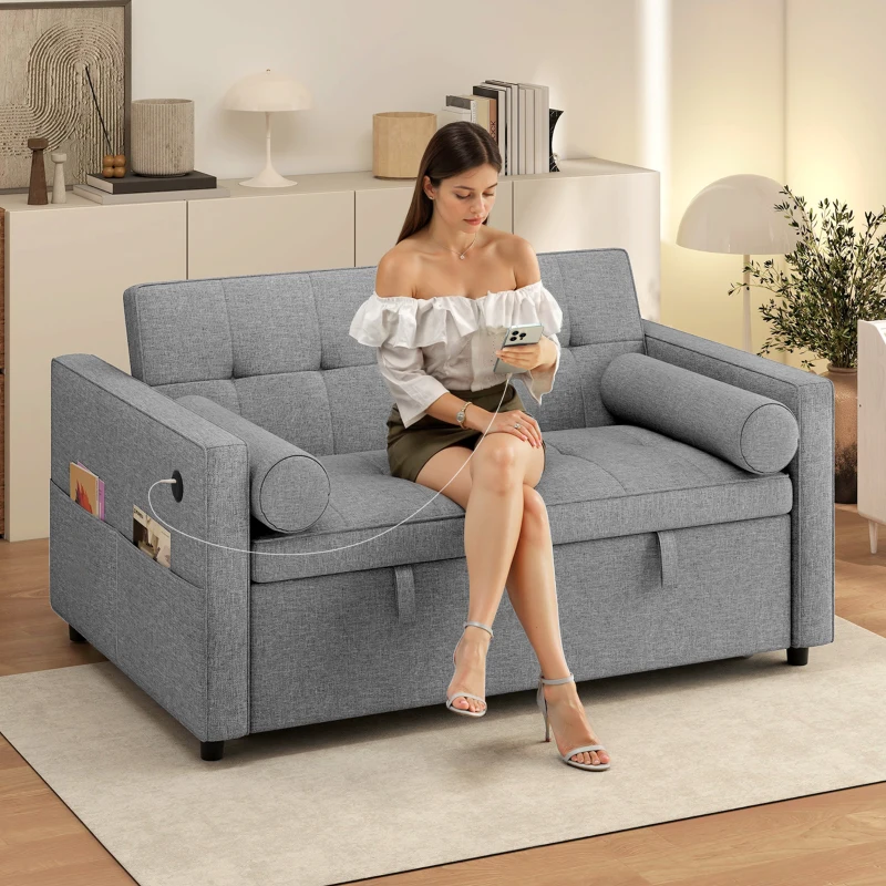 HOMCOM Pull Out Sofa Bed, Sleeper Sofa Couch with USB‑A+C, Small Linen Loveseat Futon Couch for Living Room, Grey