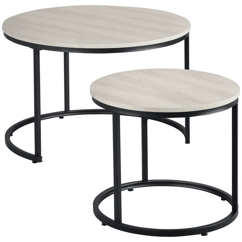 HOMCOM Nesting Coffee Tables Set of 2, Round Coffee Table with Metal Frame, Living Room Tables, Grey Wood Grain