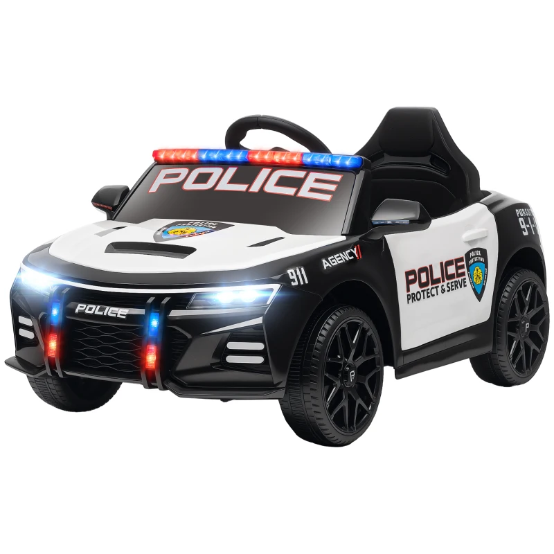 Qaba Kids Electric Ride on Police Car with Remote Control, Sirens, Flashing Lights, Music, Horn, Shock Absorbers, White