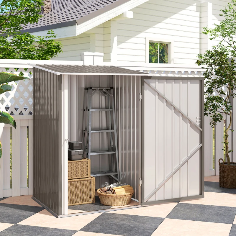 Outsunny 3.3' x 3.4' Lean-to Outdoor Garden Storage Shed, Galvanized Steel with Lockable Door for Patio Brown and White