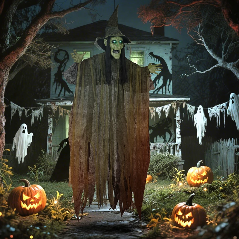 Outsunny Animatronics Hanging Witch, Voice-Activated Prop, Flashing Eyes & Wicked Laughter, Scary Halloween Decoration, Green