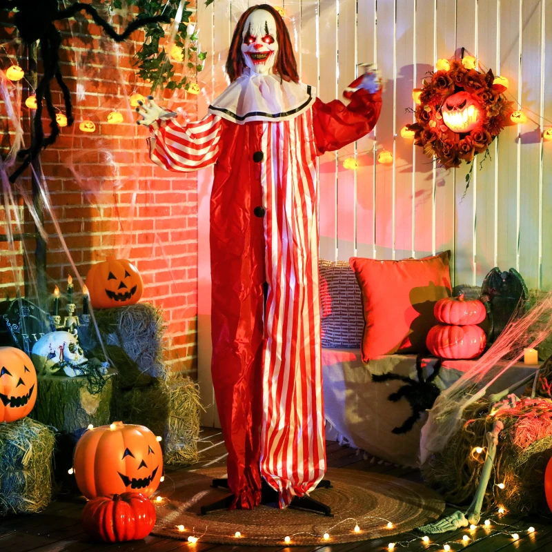 Outsunny Life Size Halloween Animated Clown with Red Light Up Eyes, Sound Activated Scary Halloween Decorations, Battery Operated