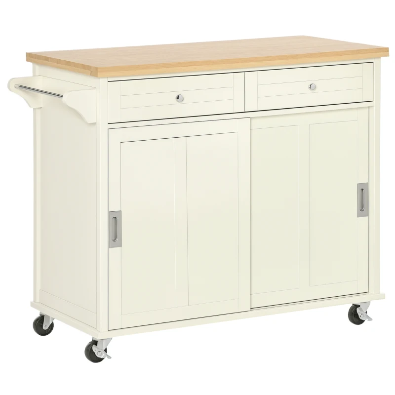 HOMCOM Rolling Kitchen Island, Kitchen Cart on Wheels with Rubberwood Top, 2 Drawers, Towel Rack, Cream White