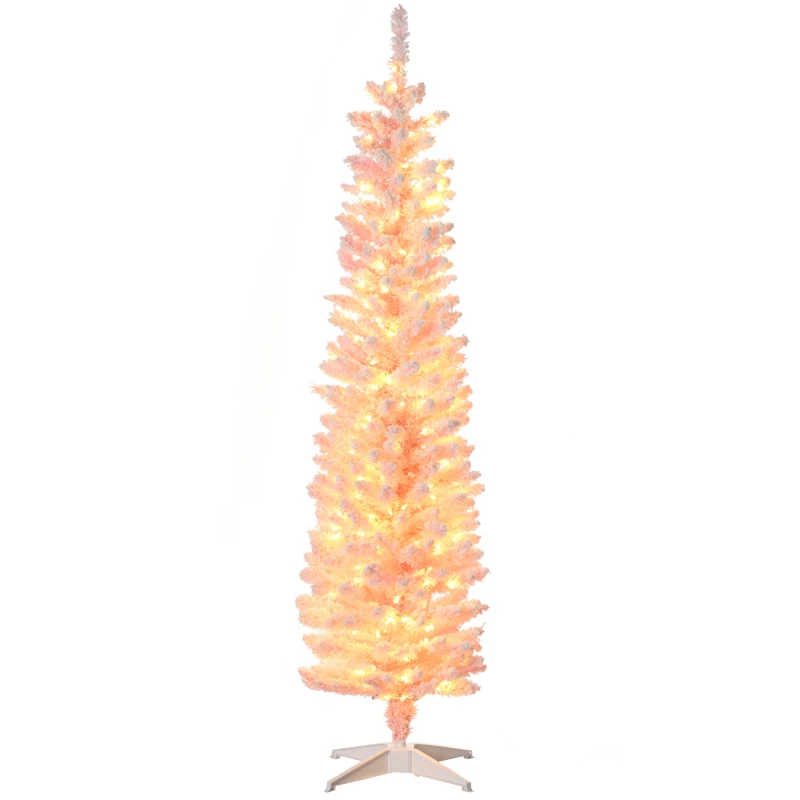 HOMCOM 6' Flocked Christmas Trees, Pencil Prelit Artificial Christmas Tree with Snow Branches, Pink