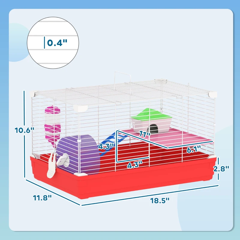 PawHut 18.5" Hamster Cage with Exercise Wheel and Water Bottle, Dish, Rat House and Habitat 2-Story Design, Red